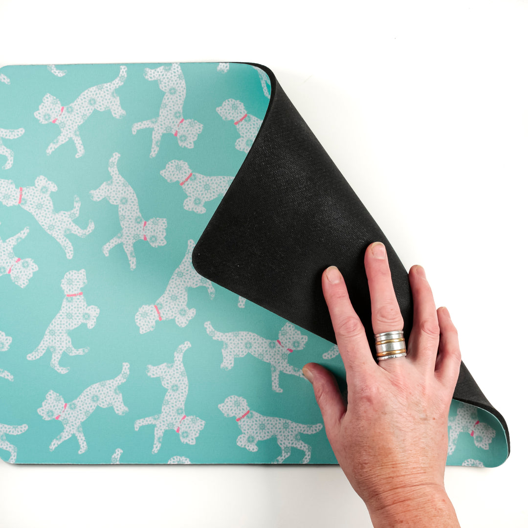 SALE Bounding Cockapoo Large Pet Food Mat -Turquoise Pink