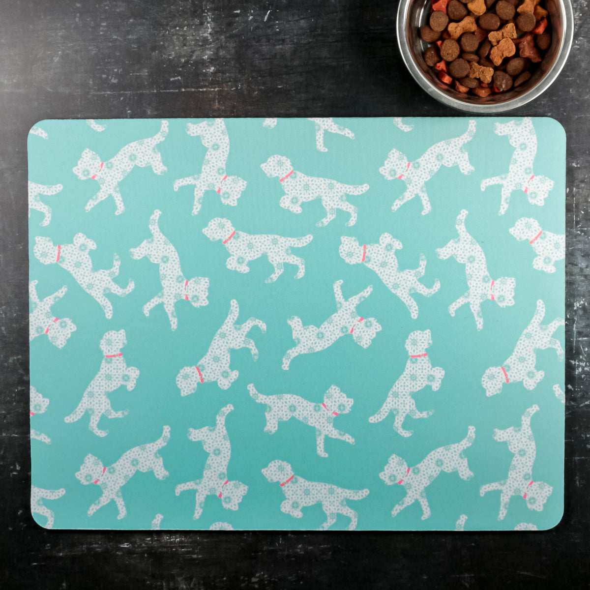 Bounding Cockapoo Large Pet Food Mat -Turquoise Pink – DoodlePippin