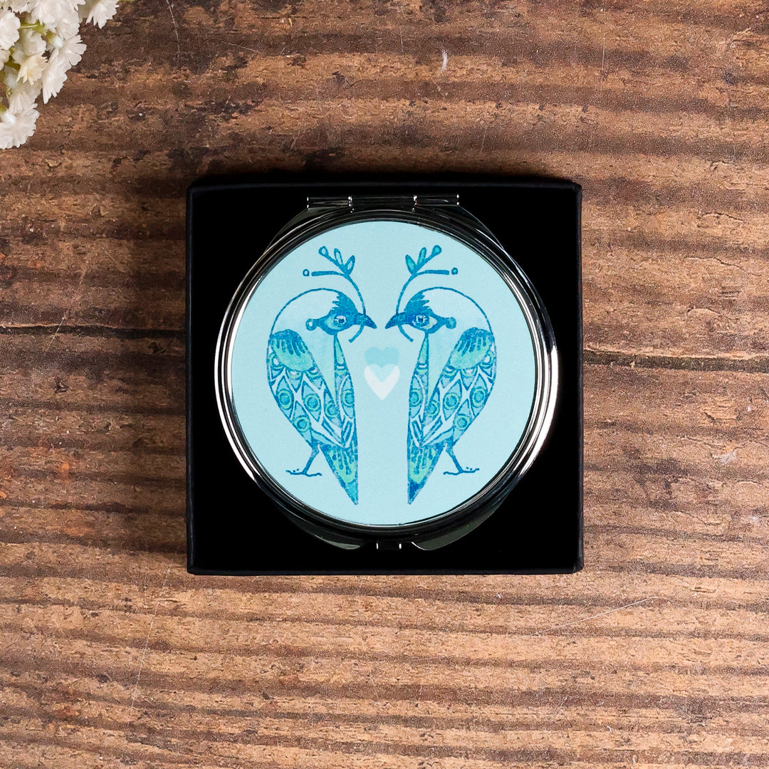 SALE - Circular Lovebirds Folding Mirror and Lens Cloth - Blue Lovebirds