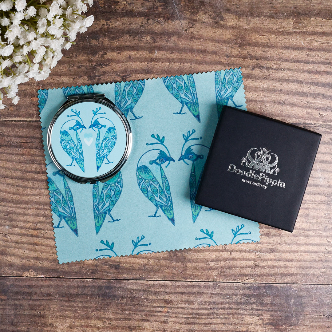 SALE - Circular Lovebirds Folding Mirror and Lens Cloth - Blue Lovebirds