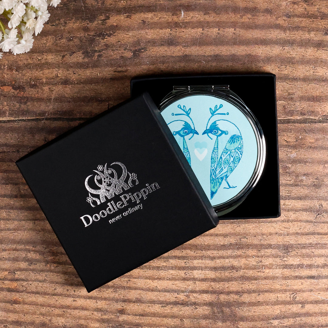 SALE - Circular Lovebirds Folding Mirror and Lens Cloth - Blue Lovebirds
