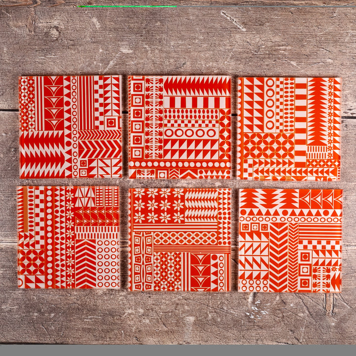 SALE SET - 6x Geometric Orange "Zig Zag" Square Coasters