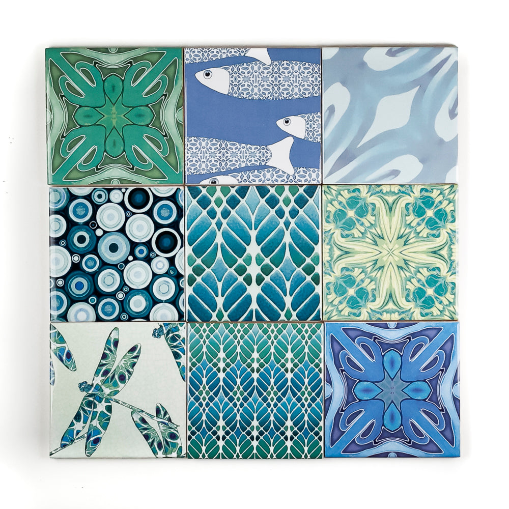 SALE SET of 9x 10cm FIRED INK Tiles - Mixed Designs