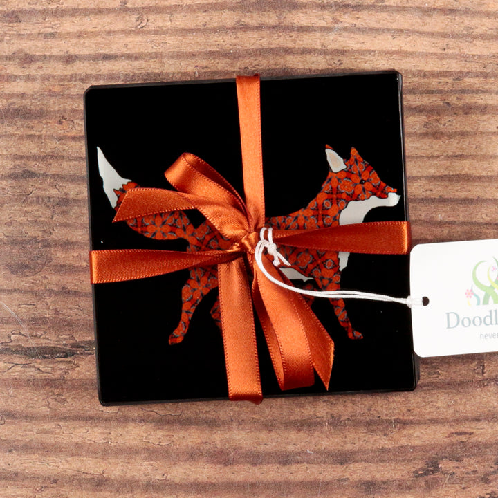 Set of Patterned Fox on Black Coasters
