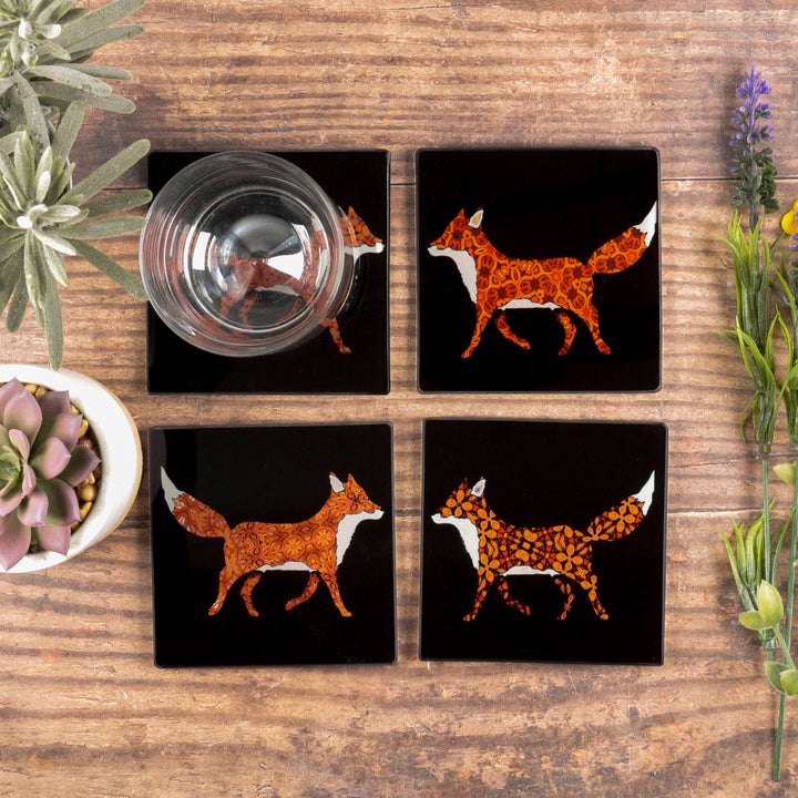 Set of Patterned Fox on Black Coasters