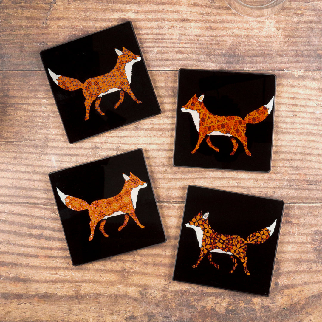 Set of Patterned Fox on Black Coasters