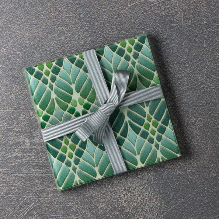 SALE SET of 8x Interwoven Trees Glass Coaster Set - Muted Greens