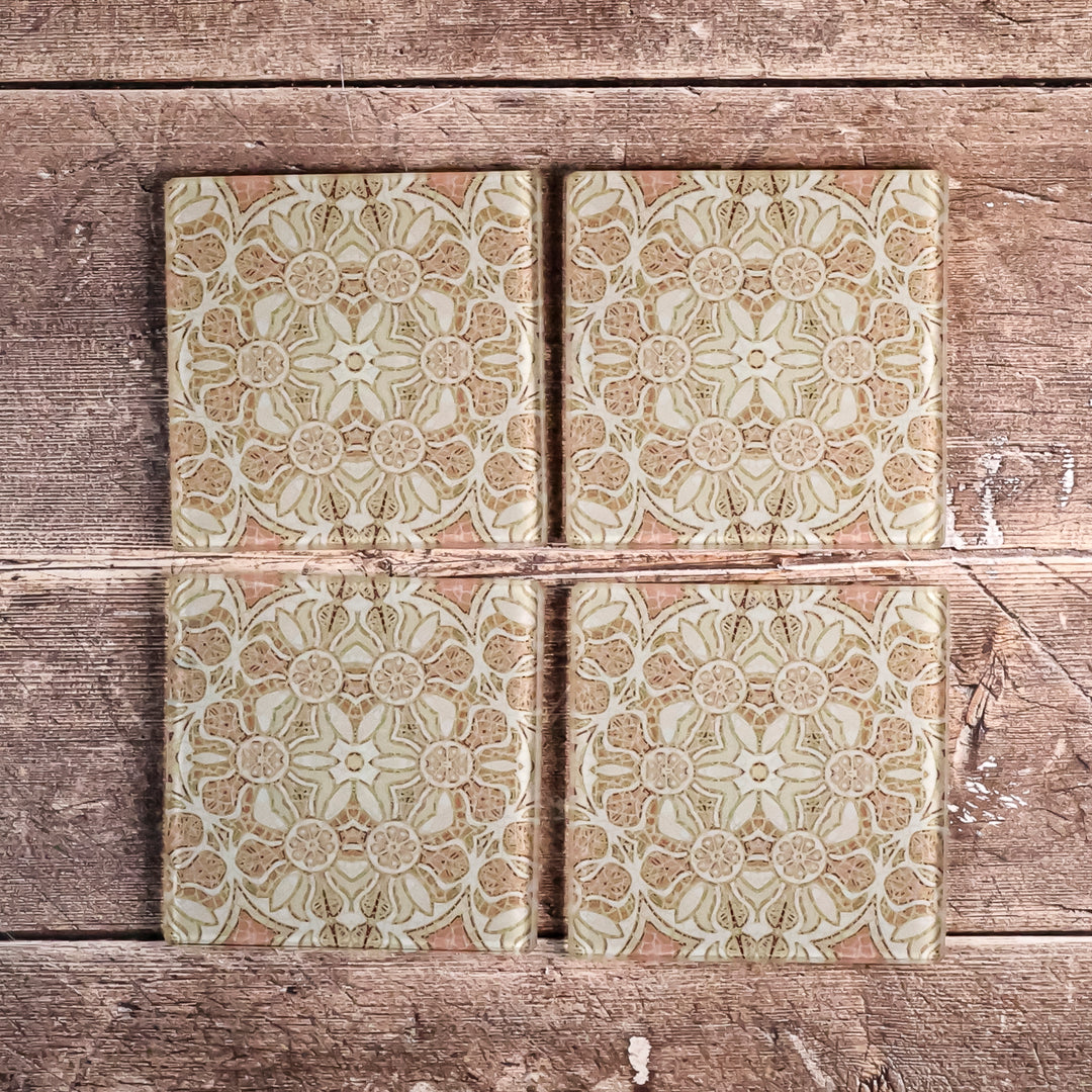 SALE - 4x glass coaster Set - Pale Pink Pomegranate Design