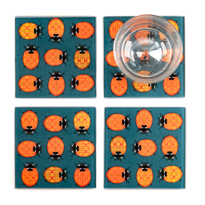 Red Ladybird/Lanternbug on Dark Grey Coasters