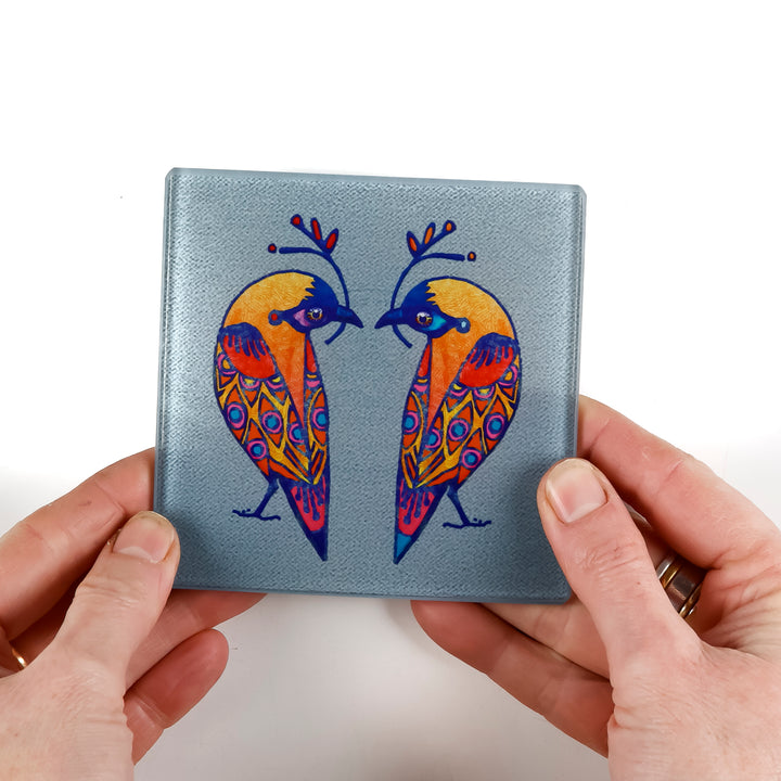 SALE - Set of 2x Glass Lovebirds Coasters (square)