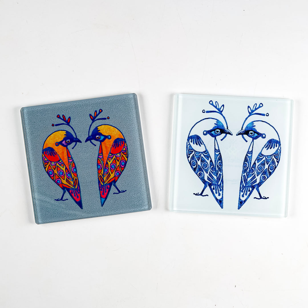 SALE - Set of 2x Glass Lovebirds Coasters (square)