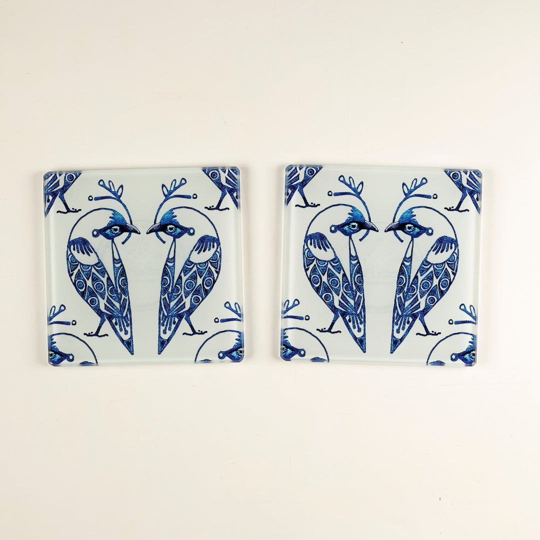 SALE - Set of 2x Glass Lovebirds Coasters