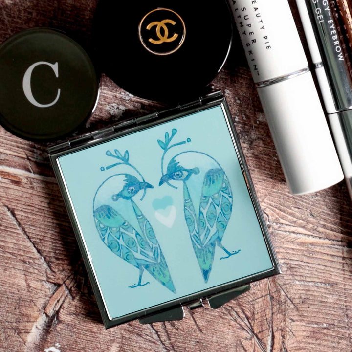 SALE - Lovebirds Folding Mirror and Lens Cloth - Blue Lovebirds (square)