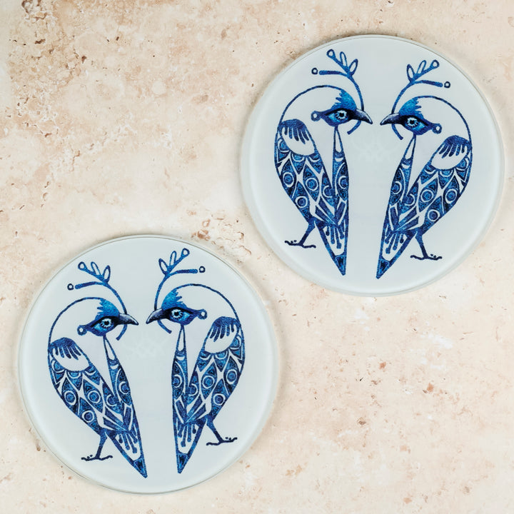 SALE - Set of 2x Glass Lovebirds Coasters (round)