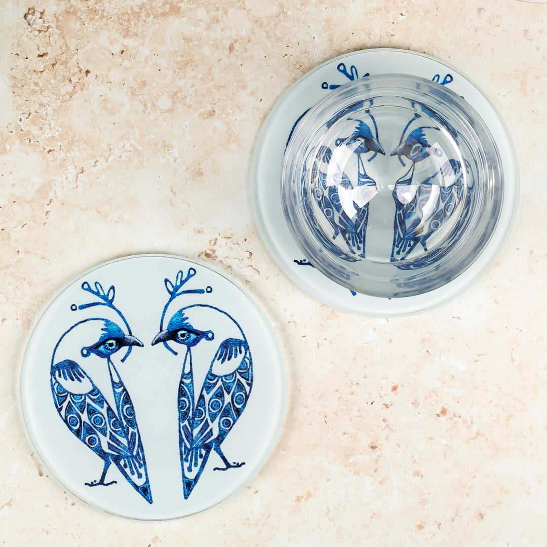 SALE - Set of 2x Glass Lovebirds Coasters (round)