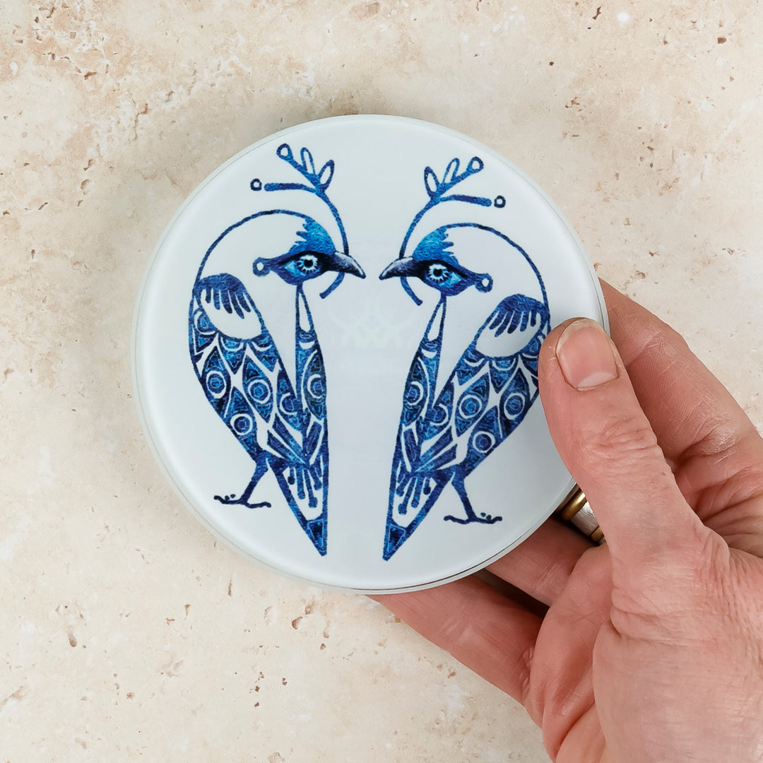 SALE - Set of 2x Glass Lovebirds Coasters (round)