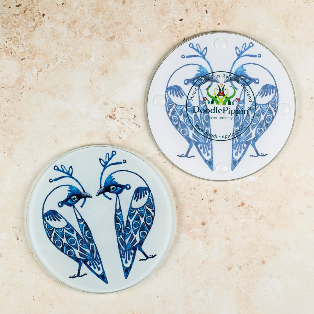 SALE - Set of 2x Glass Lovebirds Coasters (round)