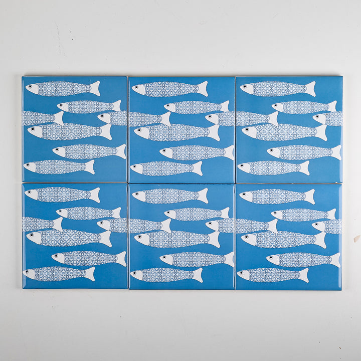 SALE SET of 6x 10cm Fired Ink tiles Mid Blue Ocean Shoal - Slight Seconds