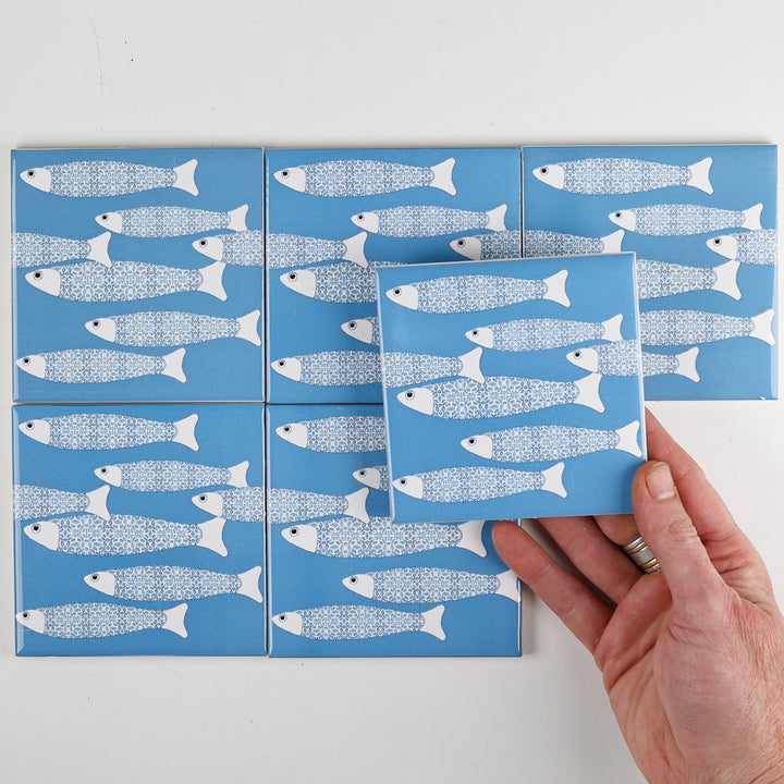 SALE SET of 6x 10cm Fired Ink tiles Mid Blue Ocean Shoal - Slight Seconds