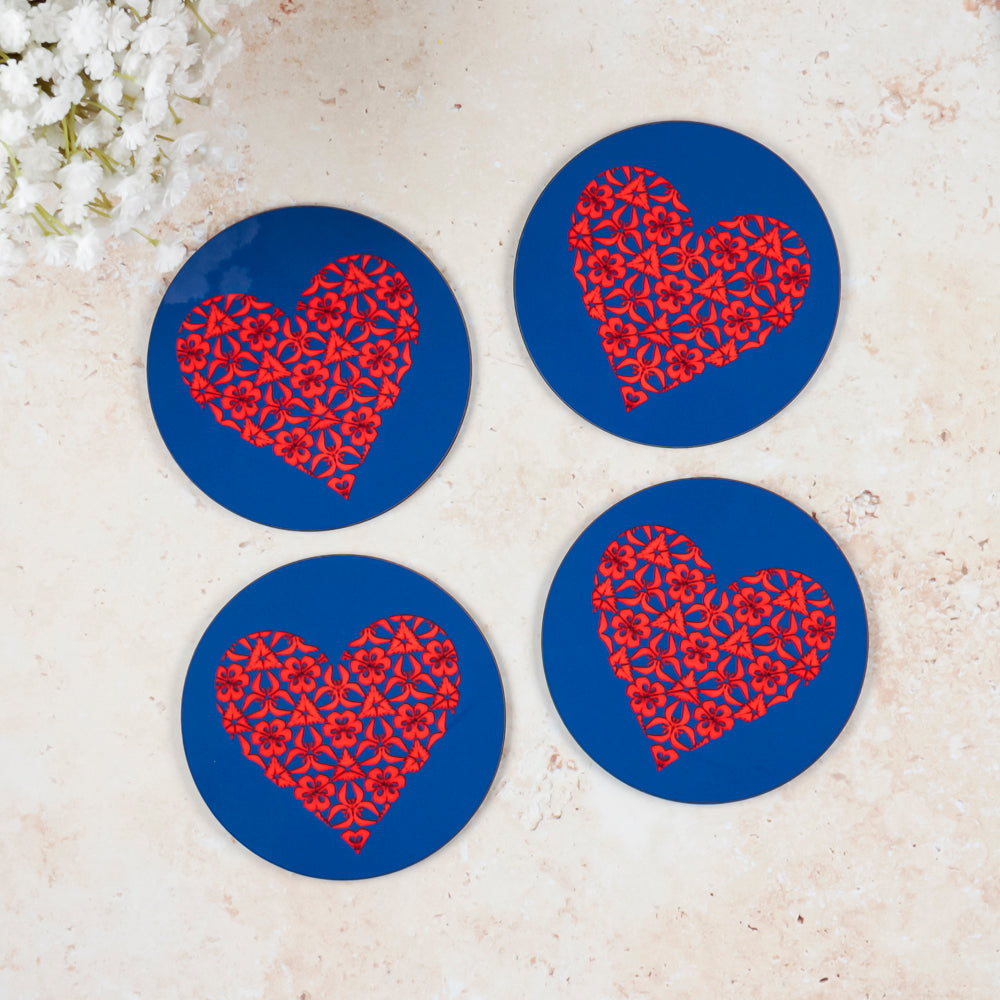 SALE Wooden Coaster Set - Blue Red Hearts