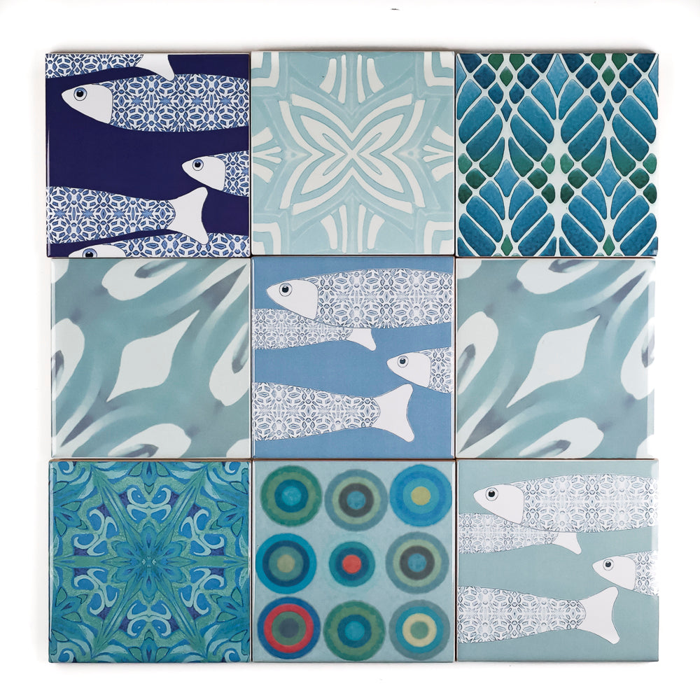 SALE SET of 9x 10cm FIRED INK Tiles - Mixed Designs 1