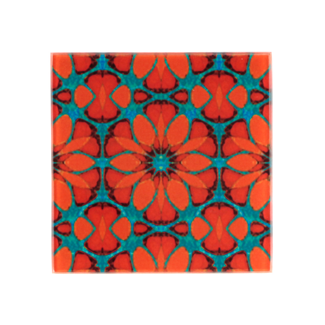 Turquoise/Orange - Fleur Marocaine - Set de Sous-Verres en Verre