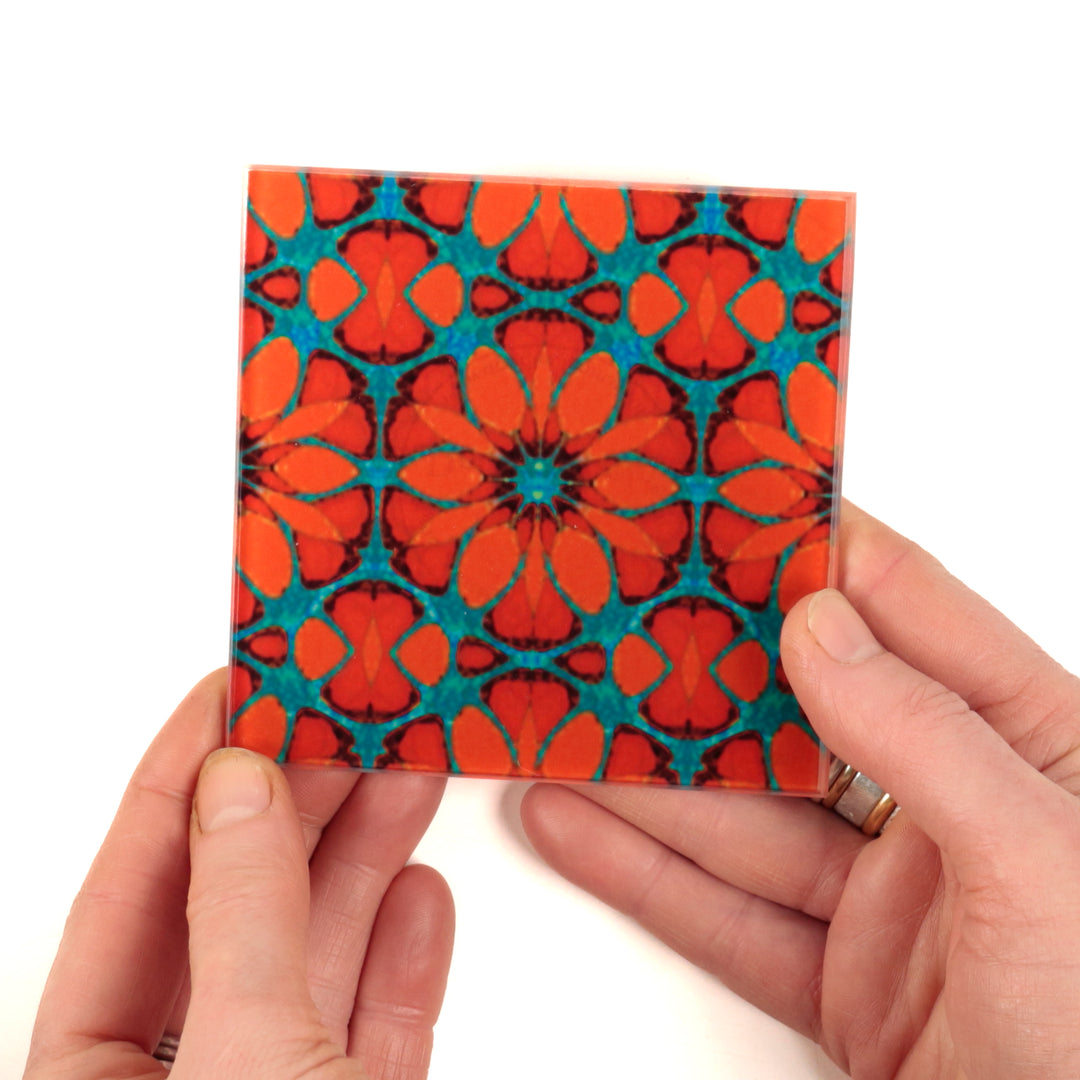 Turquoise/Orange - Fleur Marocaine - Set de Sous-Verres en Verre