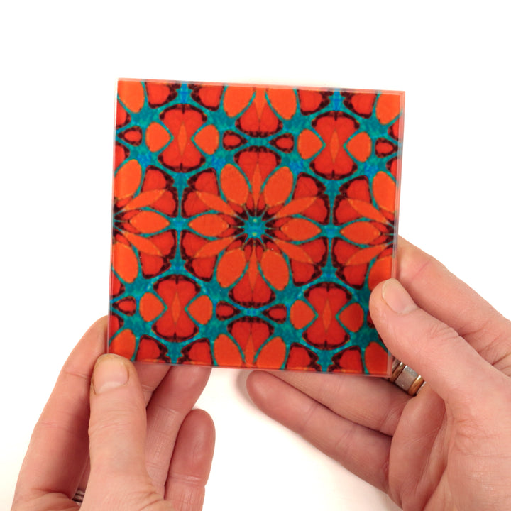 Turquoise/Orange - Fleur Marocaine - Set de Sous-Verres en Verre