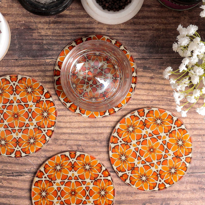 Moroccan Flower Coasters - Pink Apricot Orange - Glass Coaster Set