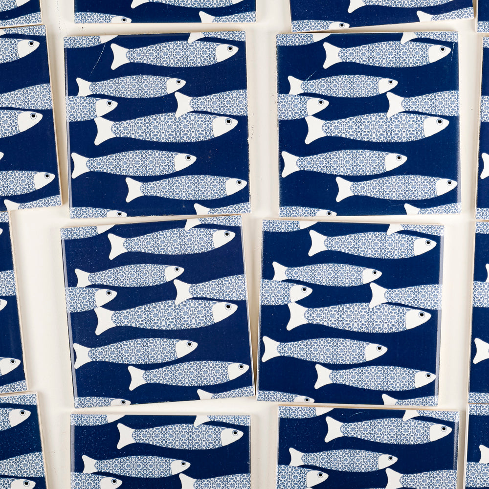 SALE SET of 18x 10cm Fired Ink tiles Navy Blue Ocean Shoal - Seconds