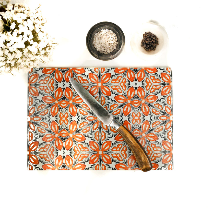 Protège-plan de travail motifs fleurs marocaines (turquoise/orange)