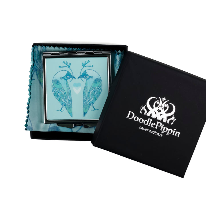 SALE - Lovebirds Folding Mirror and Lens Cloth - Blue Lovebirds (square)