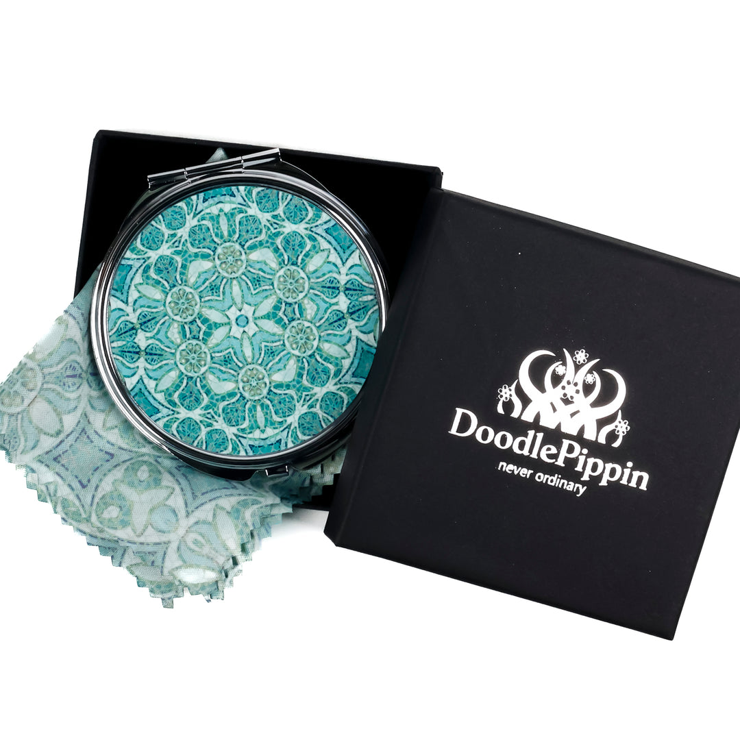 SALE - Pomegranate - Aqua - Circular Compact and Lens Cloth