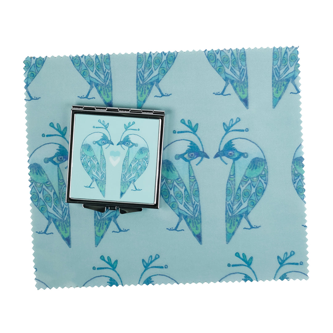 SALE - Lovebirds Folding Mirror and Lens Cloth - Blue Lovebirds (square)