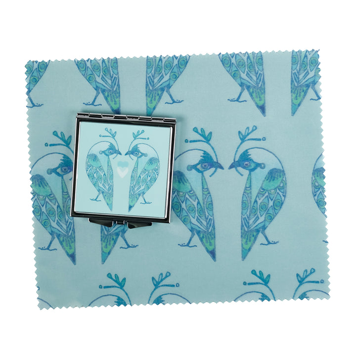 SALE - Lovebirds Folding Mirror and Lens Cloth - Blue Lovebirds (square)