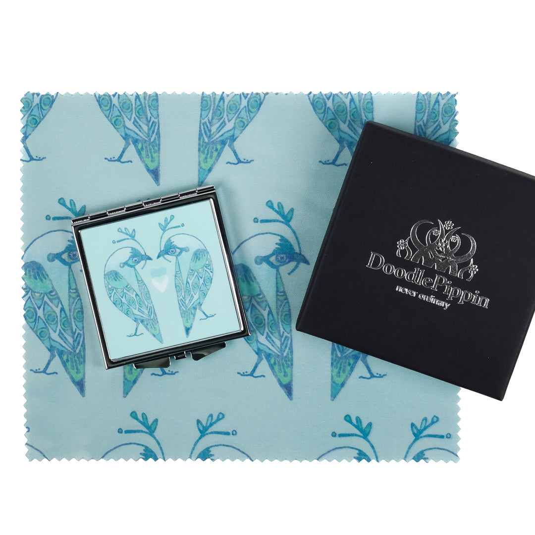SALE - Lovebirds Folding Mirror and Lens Cloth - Blue Lovebirds (square)