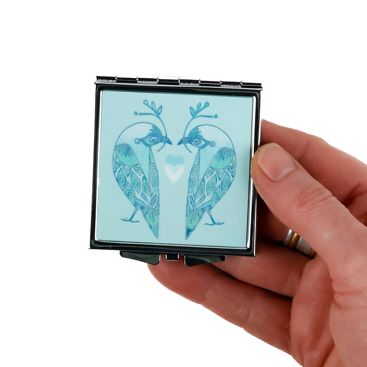 SALE - Lovebirds Folding Mirror and Lens Cloth - Blue Lovebirds (square)