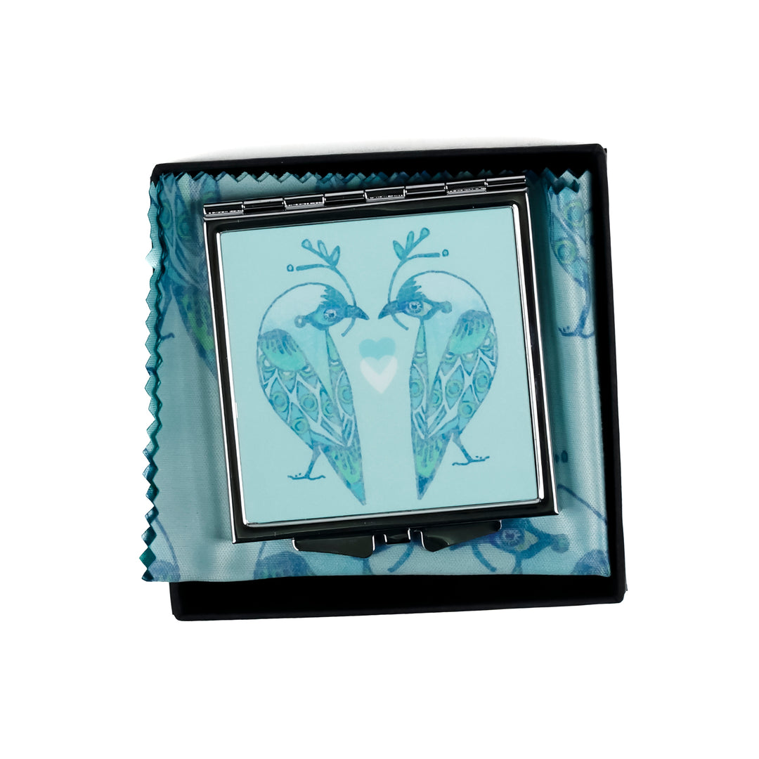 SALE - Lovebirds Folding Mirror and Lens Cloth - Blue Lovebirds (square)