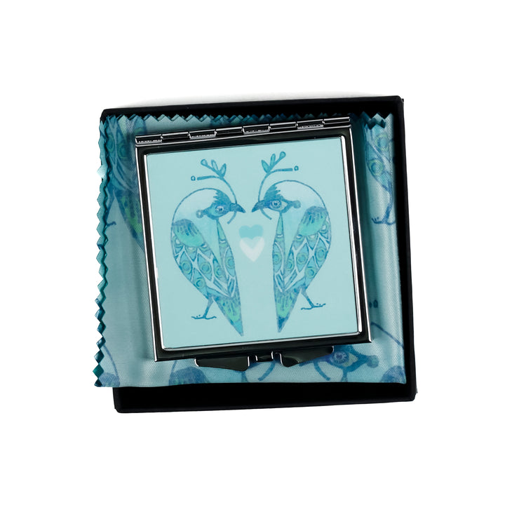 SALE - Lovebirds Folding Mirror and Lens Cloth - Blue Lovebirds (square)