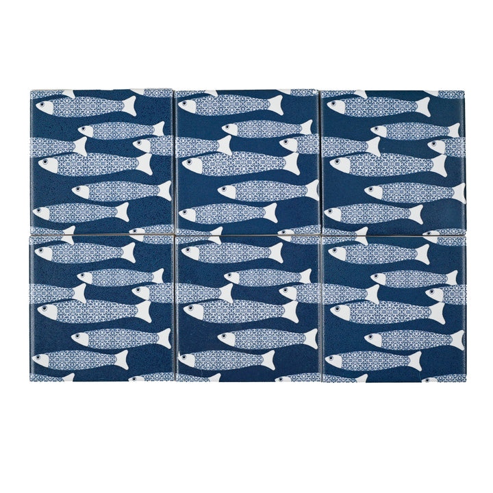 SALE - Fired Ink -  Set of 12 x 10cm Ocean Shoal Tiles - Navy Blue