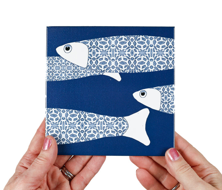 SALE - Fired Ink - Pair of 15cm Ocean Shoal Tiles  - Large Scale BORDER - Navy Blue