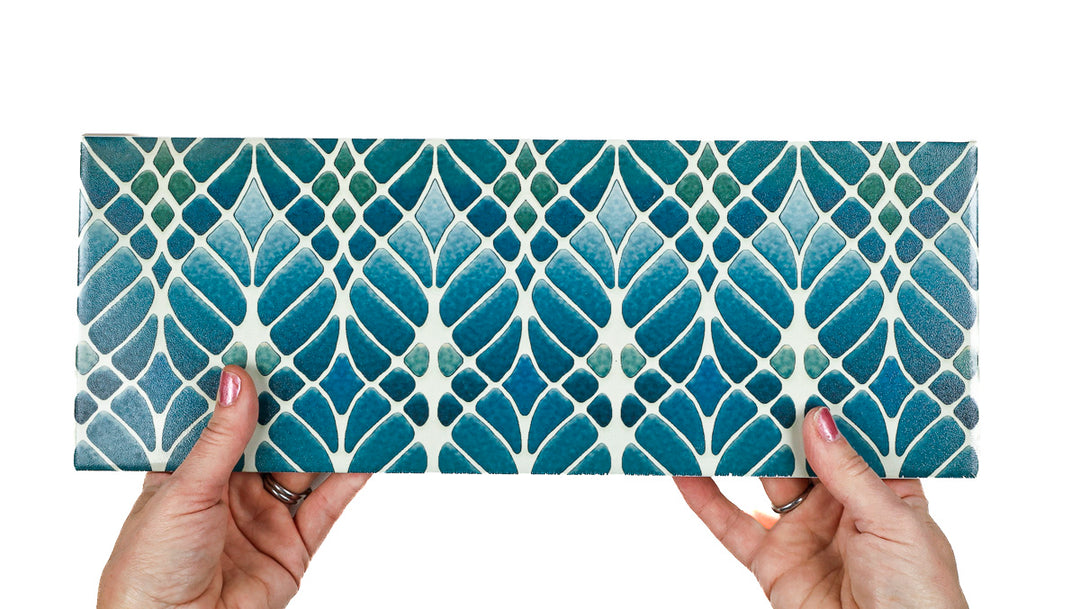 SALE - Fired Ink 45x15cm Single Prototype Tile  - Interwoven Trees Blue Green 2