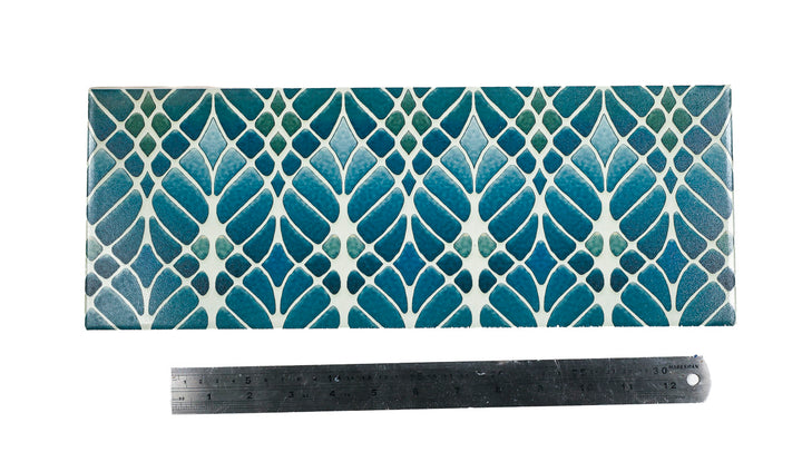 SALE - Fired Ink 45x15cm Single Prototype Tile  - Interwoven Trees Blue Green 2