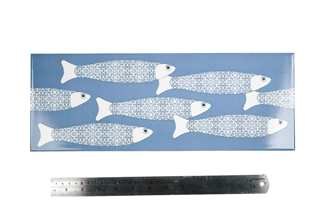 SALE - Fired Ink 45x15cm Single Prototype Tile  - Mid Blue Ocean Shoal Border