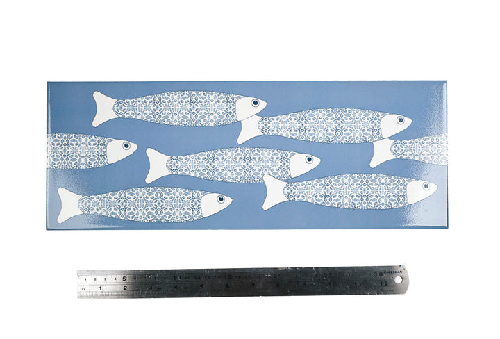 SALE - Fired Ink 45x15cm Single Prototype Tile  - Mid Blue Ocean Shoal Border