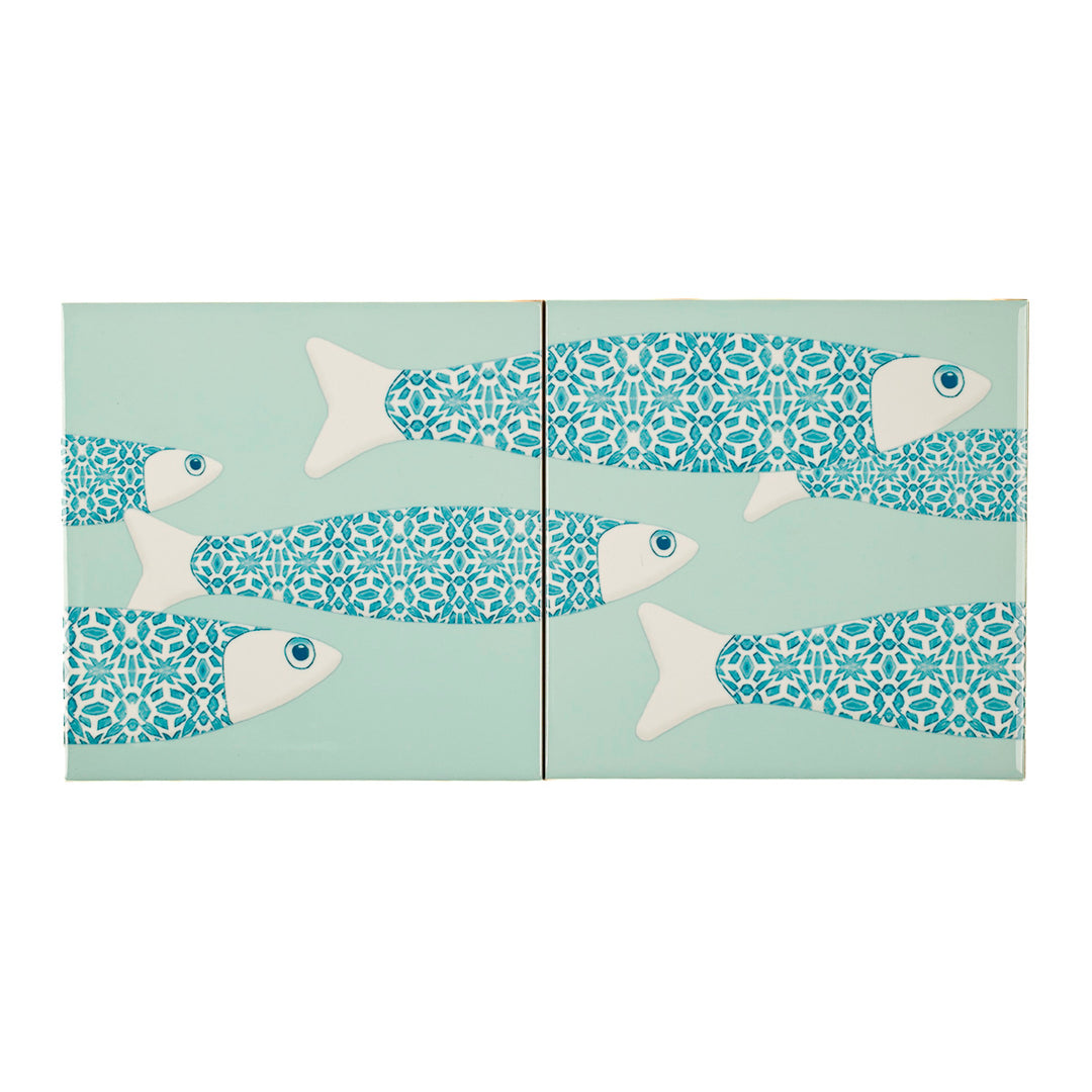 ENSEMBLE LOT SECONDES de 3 carreaux 20cm bleu marine motif Banc de Poissons