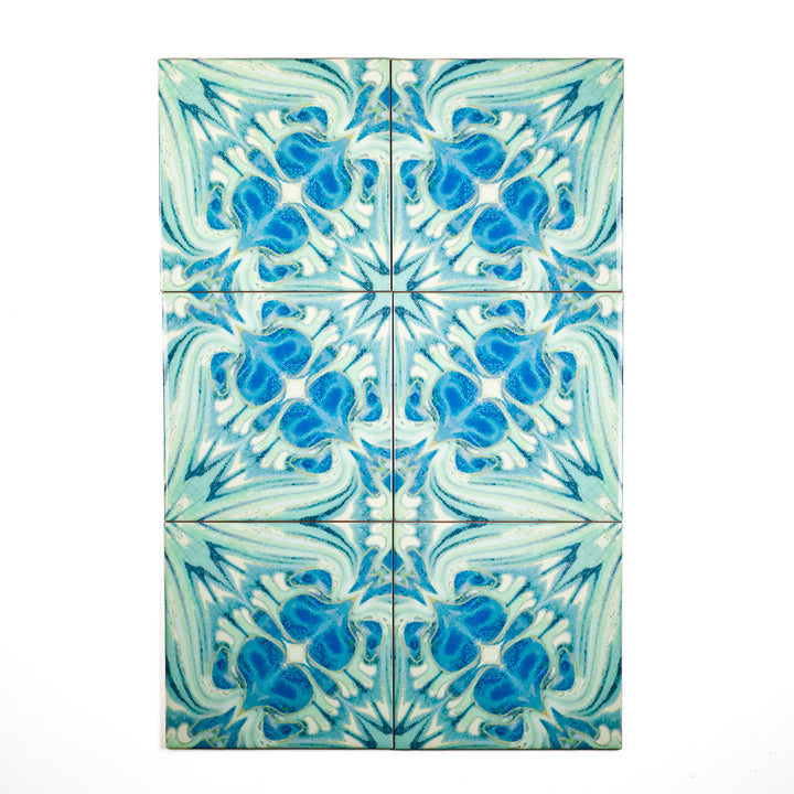 SALE - Set of 6 x 15.2cm Vintage Bouquet Tiles - Blue Green - Large Scale