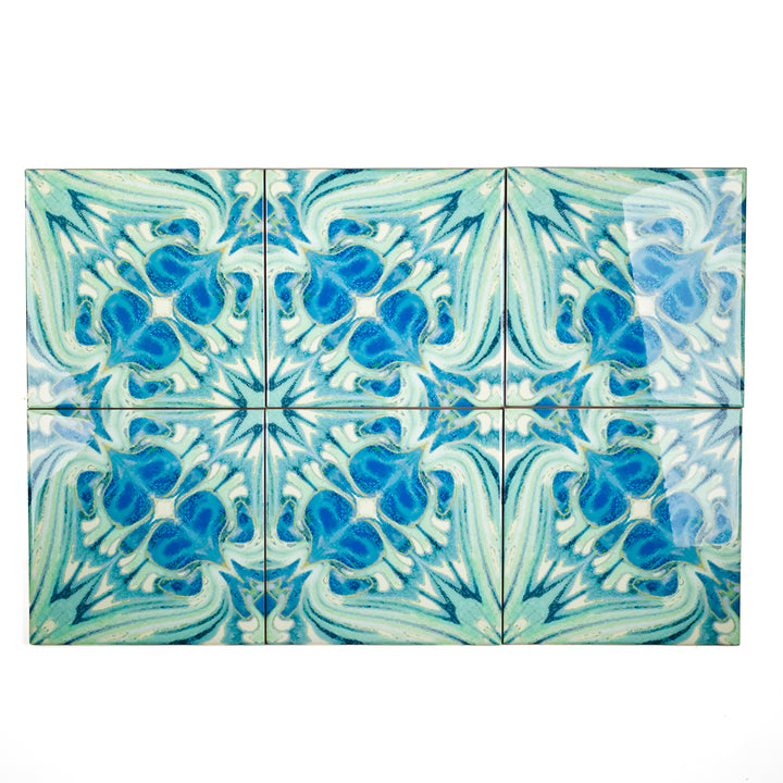 SALE - Set of 6 x 15.2cm Vintage Bouquet Tiles - Blue Green - Large Scale