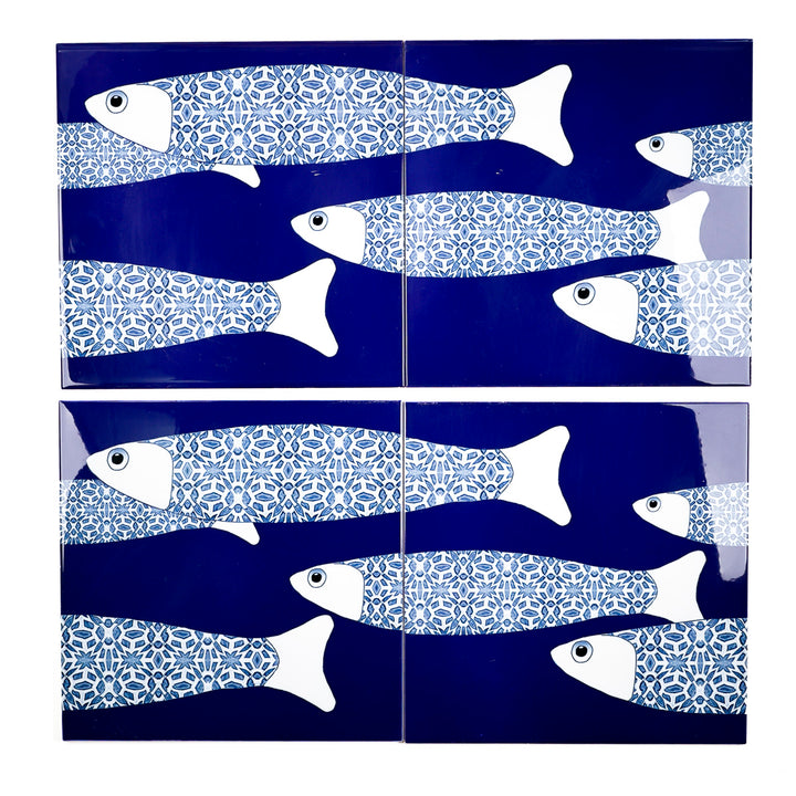 VENTE DEUXIÈME SÉRIE - 4 carreaux de 20cm - Thème banc de poissons océaniques bleu marine