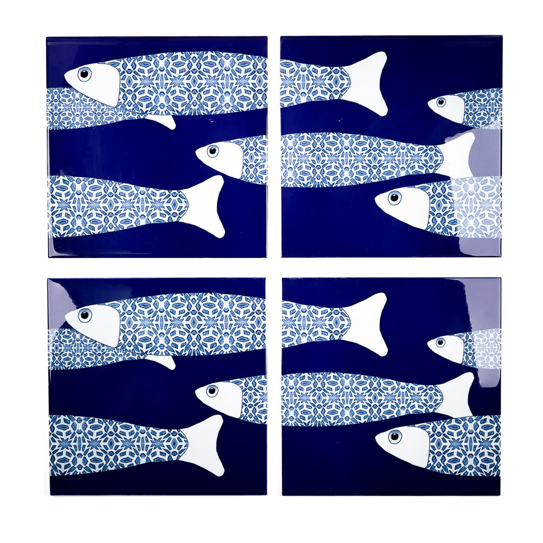 VENTE DEUXIÈME SÉRIE - 4 carreaux de 20cm - Thème banc de poissons océaniques bleu marine